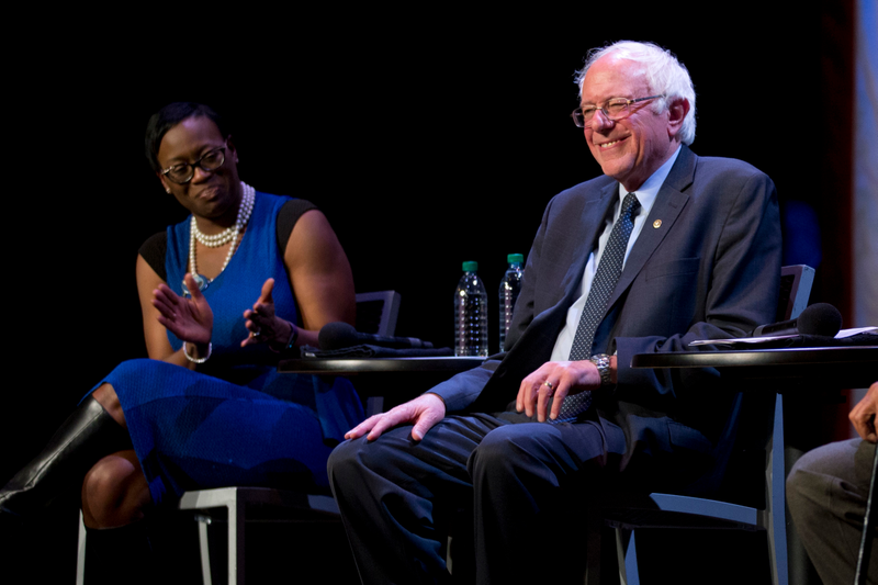 Nina Turner with then-Democratic presidential candidate Bernie Sanders during a campaign event for Sanders at the Apollo Theater in Harlem in April 2016